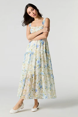 Robe maxi volantée smockée en chiffon