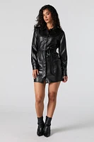 Faux Leather Belted Long Sleeve Mini Dress