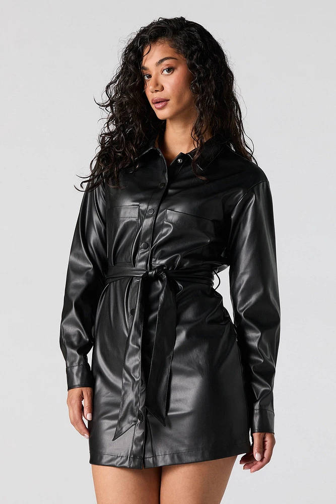 Faux Leather Belted Long Sleeve Mini Dress