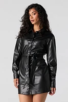 Faux Leather Belted Long Sleeve Mini Dress