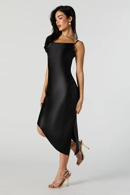 Cowl Neck Satin Asymmetrical Midi Dress