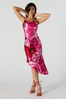 Floral Satin Cowl Neck Asymmetrical Midi Dress