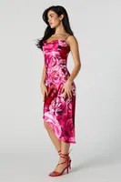 Floral Satin Cowl Neck Asymmetrical Midi Dress