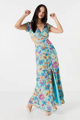 Floral V-Neck Cut-Out Maxi Dress