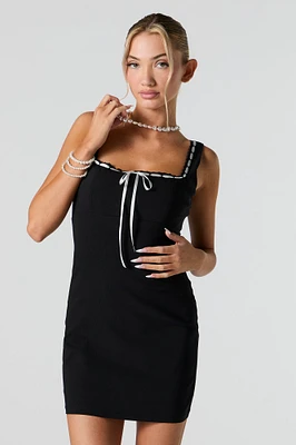 Square Neck Ribbon Trim Mini Dress