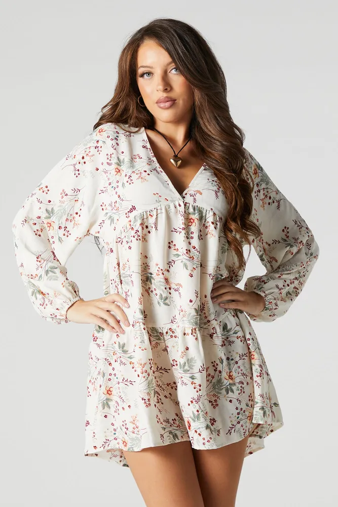 Floral Print V-Neck Long Sleeve Mini Dress