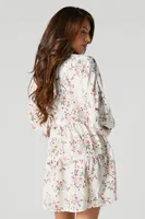Floral Print V-Neck Long Sleeve Mini Dress