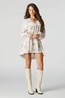 Floral Print V-Neck Long Sleeve Mini Dress