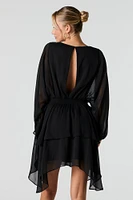 Mesh Tiered Long Sleeve Flowy Mini Dress