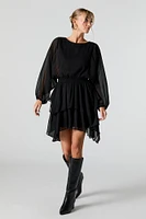 Mesh Tiered Long Sleeve Flowy Mini Dress