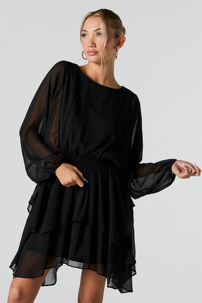 Mesh Tiered Long Sleeve Flowy Mini Dress