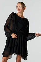 Mesh Tiered Long Sleeve Flowy Mini Dress