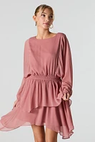 Mesh Tiered Long Sleeve Flowy Mini Dress