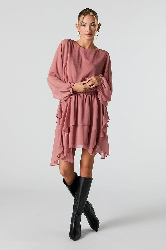 Mesh Tiered Long Sleeve Flowy Mini Dress