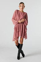 Mesh Tiered Long Sleeve Flowy Mini Dress