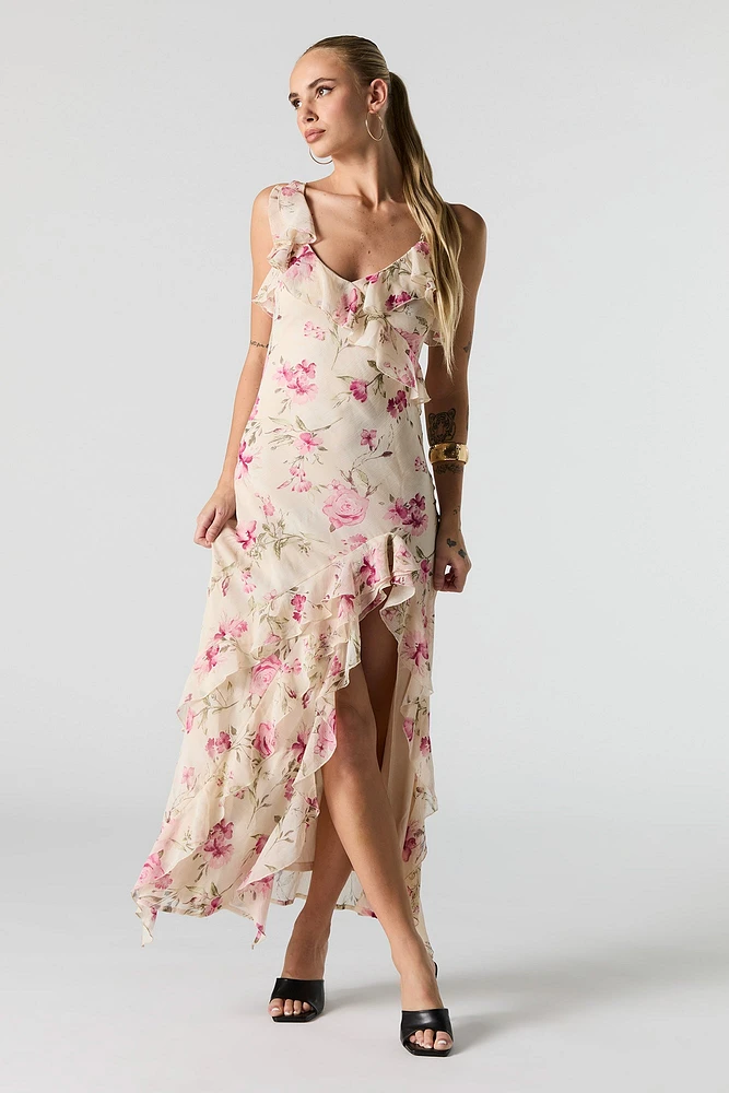 Robe maxi volantée en chiffon avec fente