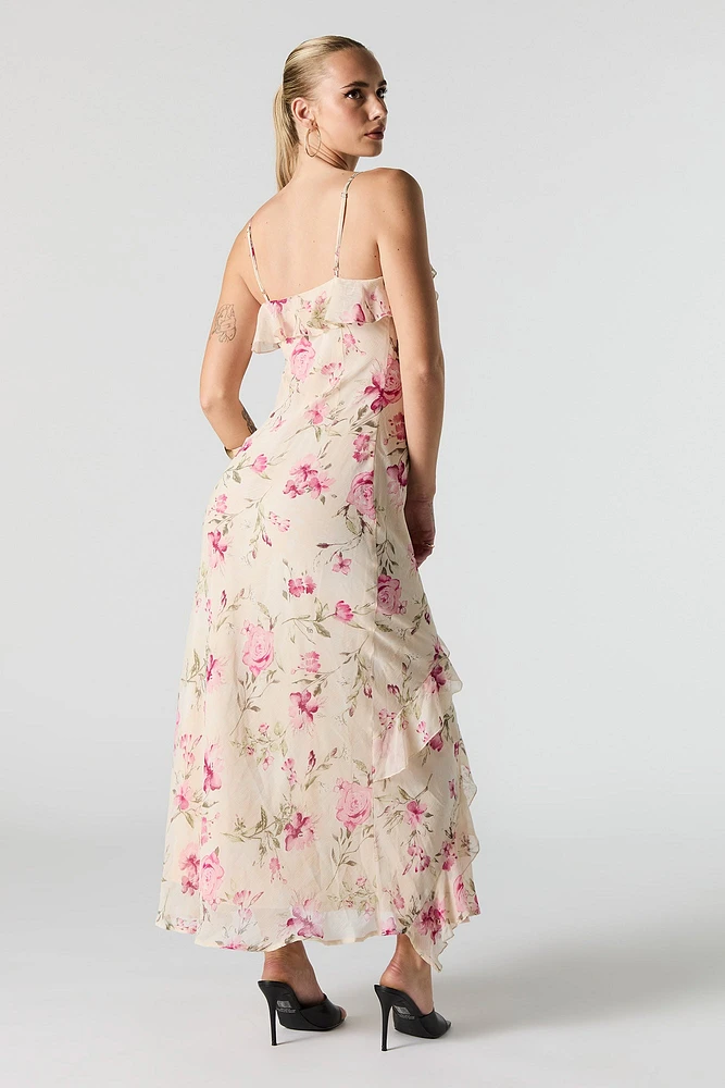 Robe maxi volantée en chiffon avec fente