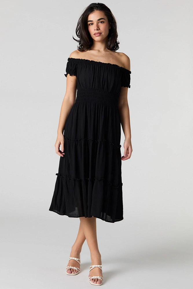 Off Shoulder Tiered Midi Dress