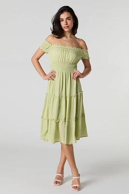 Off Shoulder Tiered Midi Dress