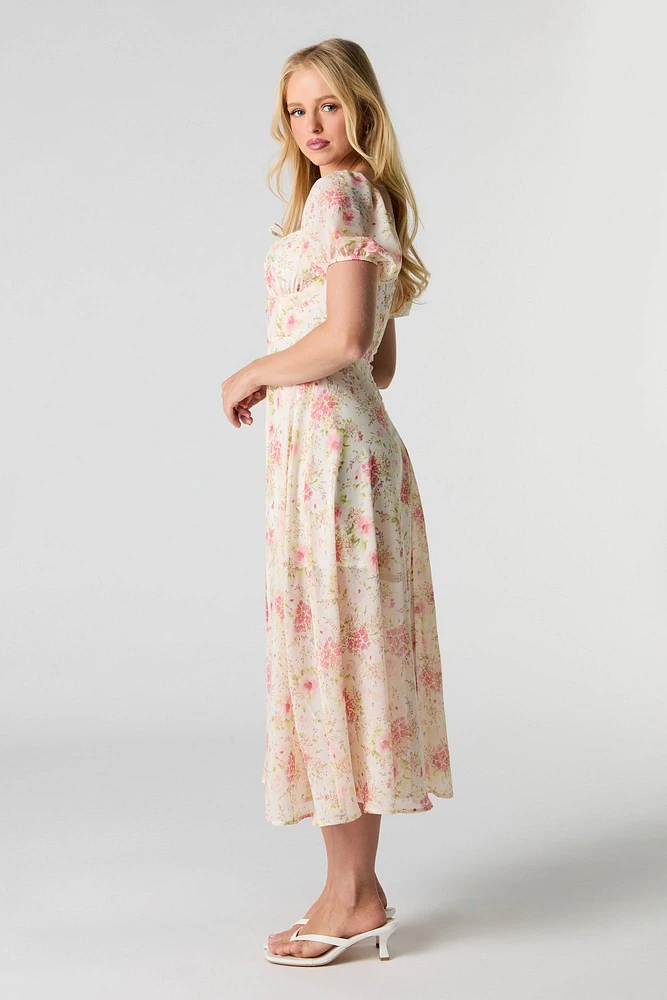 Floral Chiffon Midi Milkmaid Dress