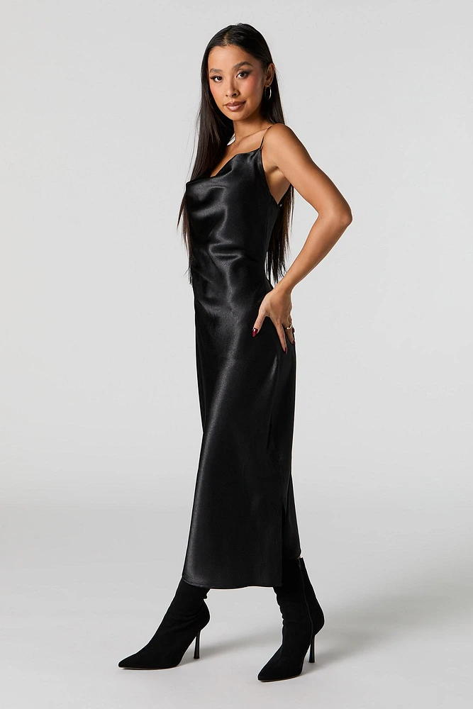 Satin Cowl Neck Midi Dress