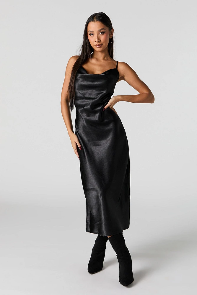 Satin Cowl Neck Midi Dress