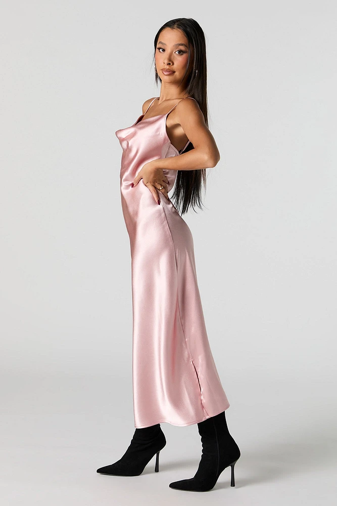 Satin Cowl Neck Midi Dress