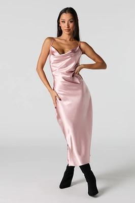 Satin Cowl Neck Midi Dress