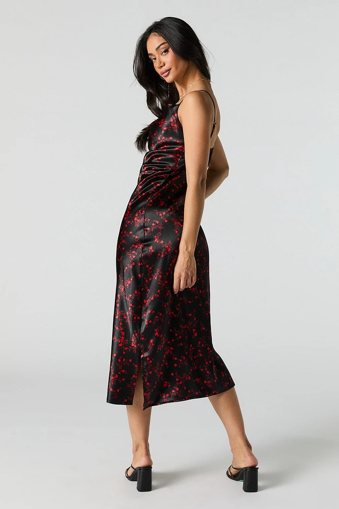 Satin Floral Cowl Neck Midi Dress