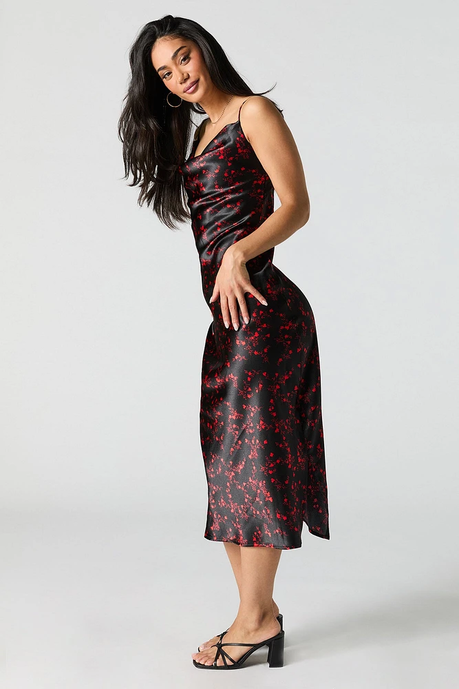 Satin Floral Cowl Neck Midi Dress