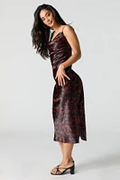 Satin Floral Cowl Neck Midi Dress