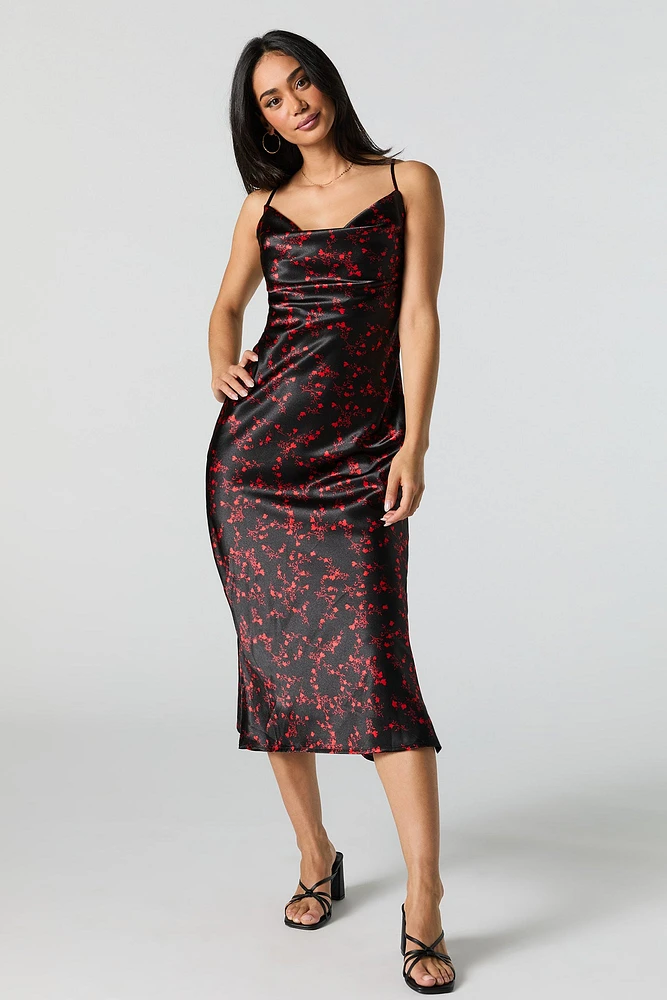 Satin Floral Cowl Neck Midi Dress