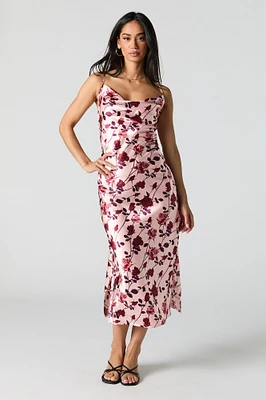 Satin Floral Cowl Neck Midi Dress