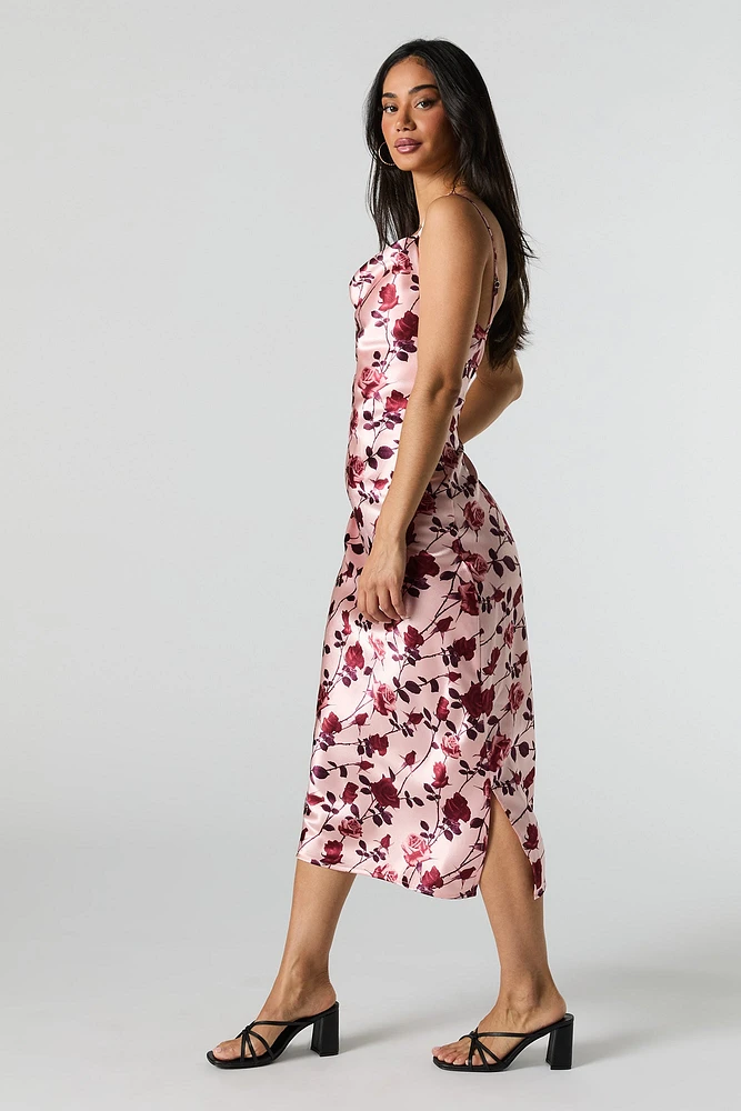 Satin Floral Cowl Neck Midi Dress