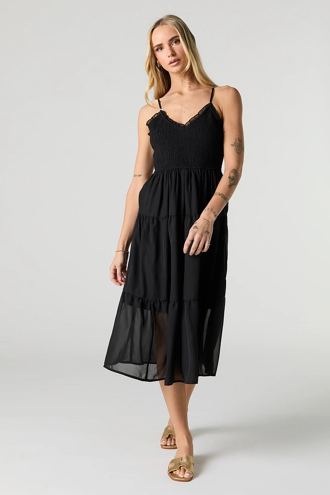 Smocked Chiffon V-Neck Midi Dress