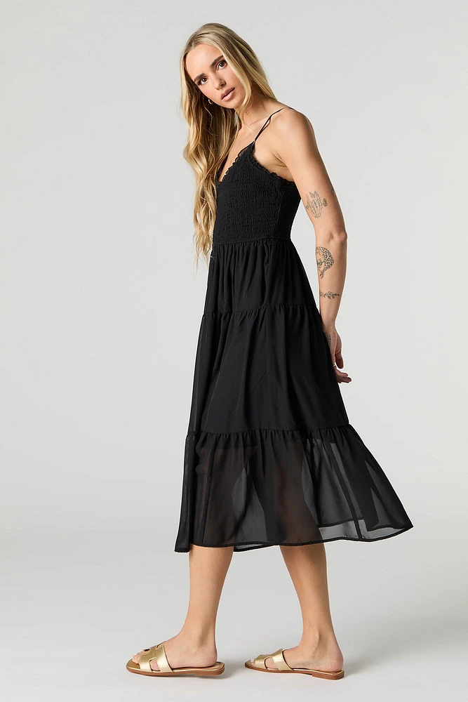 Smocked Chiffon V-Neck Midi Dress