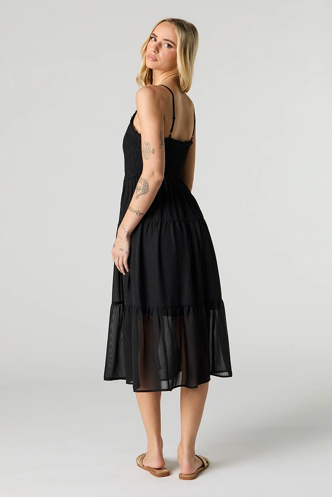 Smocked Chiffon V-Neck Midi Dress