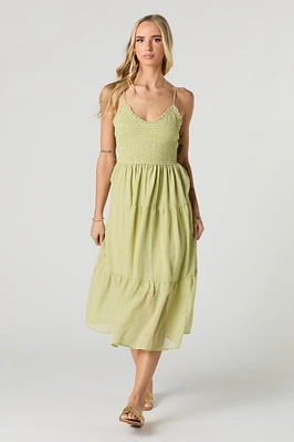 Smocked Chiffon V-Neck Midi Dress