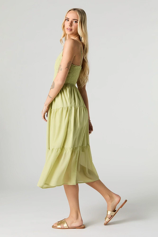 Smocked Chiffon V-Neck Midi Dress