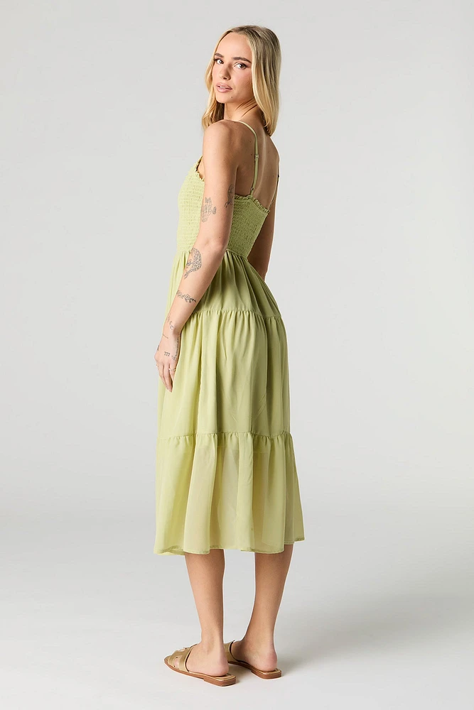 Smocked Chiffon V-Neck Midi Dress