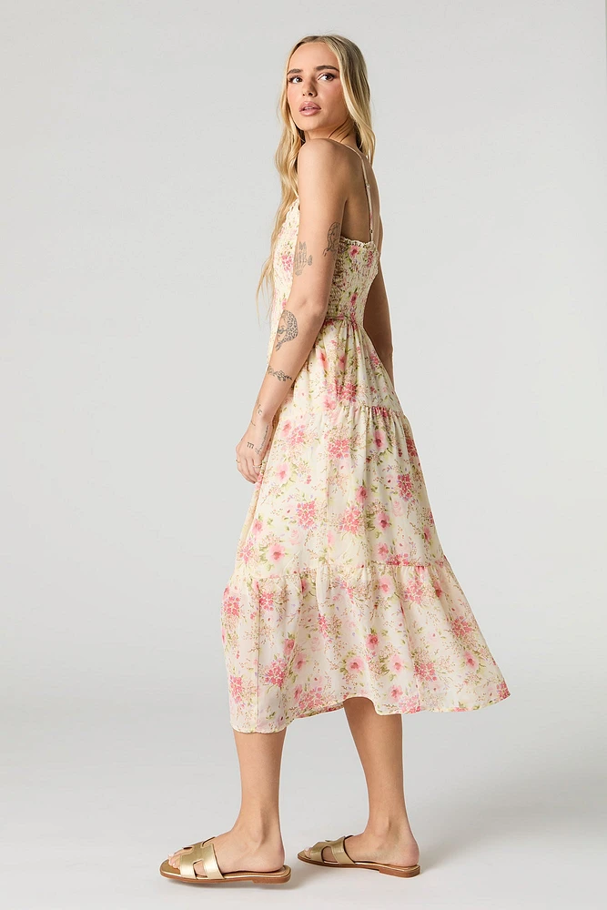 Robe midi smockée en chiffon avec encolure V