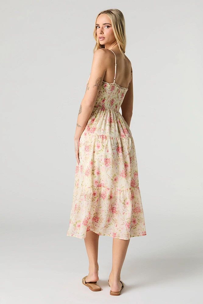 Robe midi smockée en chiffon avec encolure V