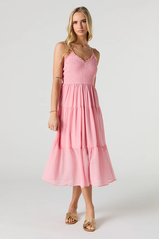Smocked Chiffon V-Neck Midi Dress