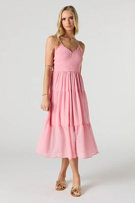 Smocked Chiffon V-Neck Midi Dress