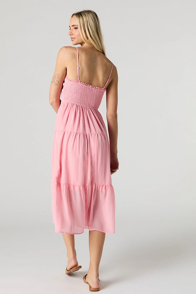 Smocked Chiffon V-Neck Midi Dress