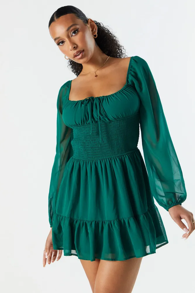Chiffon Milkmaid Long Sleeve Dress