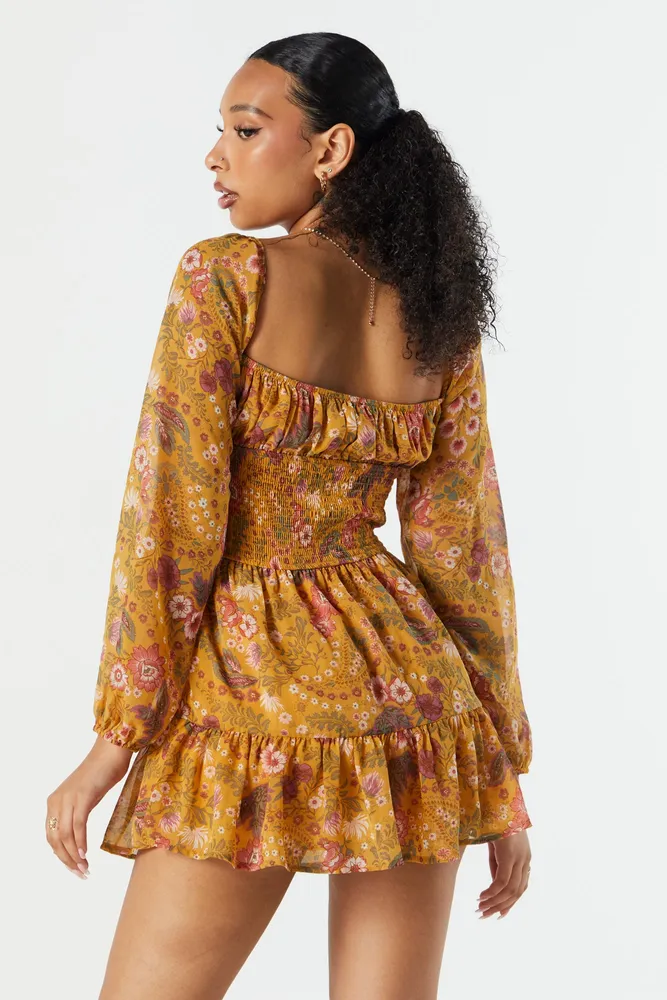 Floral Chiffon Milkmaid Long Sleeve Dress