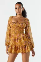 Floral Chiffon Milkmaid Long Sleeve Dress