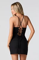 Linen-Blend Lace-Up Back Mini Dress