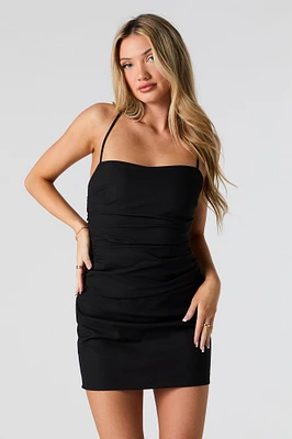 Linen-Blend Lace-Up Back Mini Dress